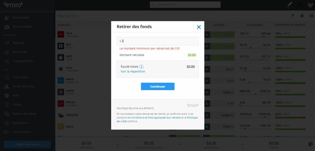 Retirer sur eToro